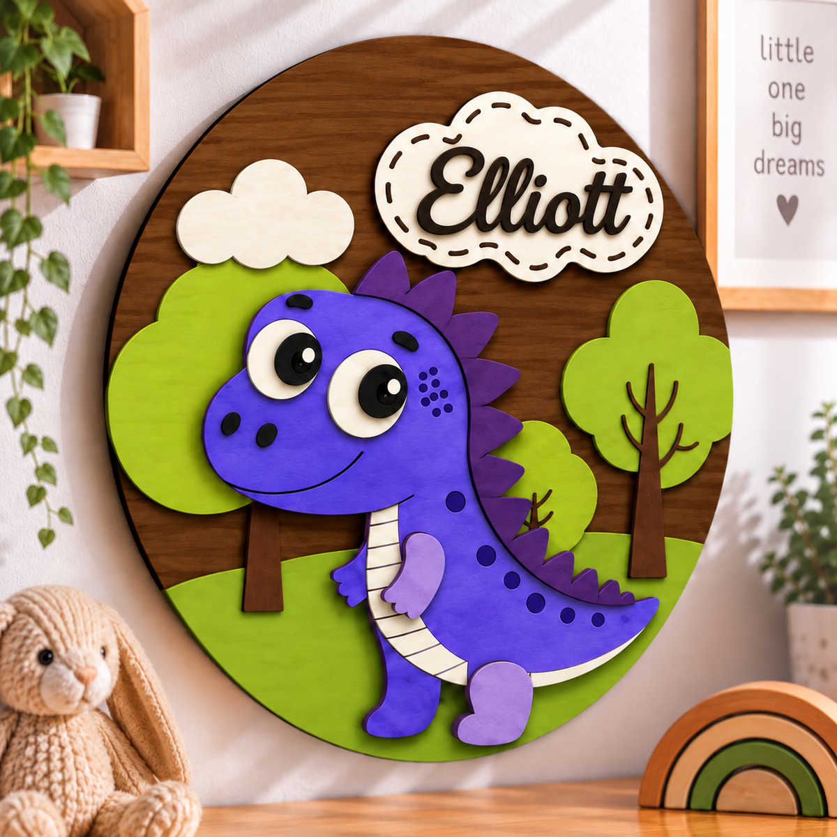 Personalised Wooden Dinosaur Name Sign Kids Nursery Bedroom Wall Decor