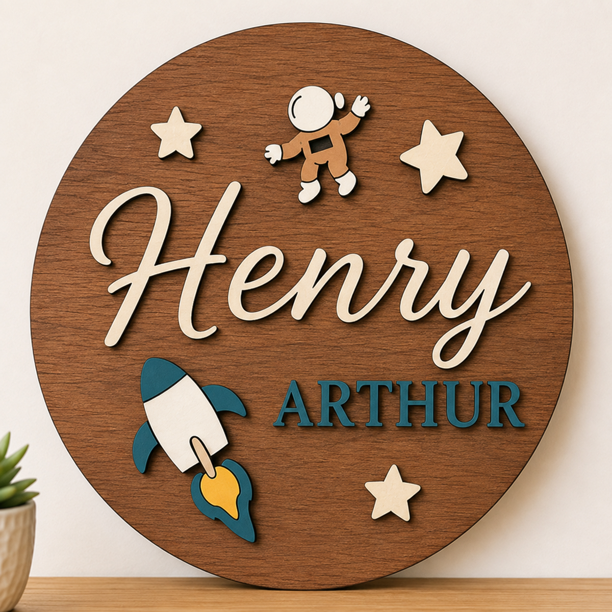 Personalised Rocket Wooden Name Sign Boys Nursery Wall Decor Custom Plaque