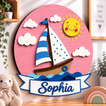 Personalised Wooden Sailboat Name Sign Kids Nursery Bedroom Wall Decor