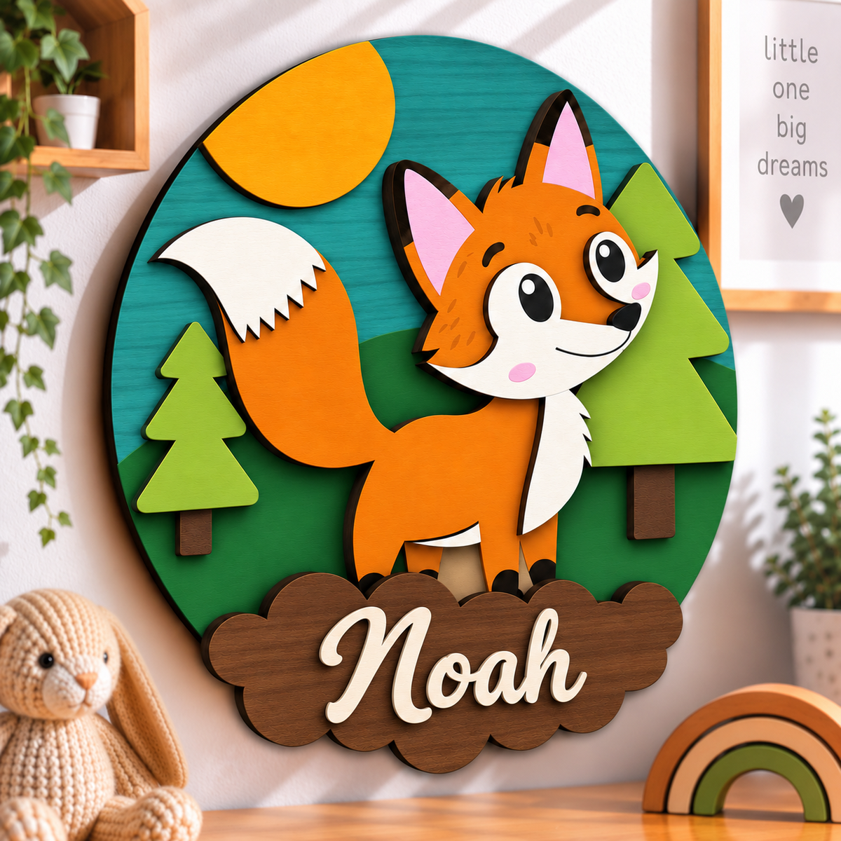 Personalised Wooden Fox Name Sign Kids Nursery Bedroom Wall Decor