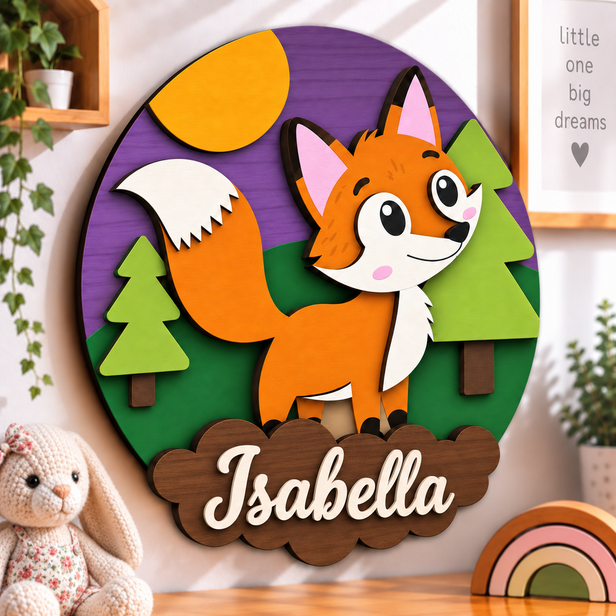 Personalised Wooden Fox Name Sign Kids Nursery Bedroom Wall Decor