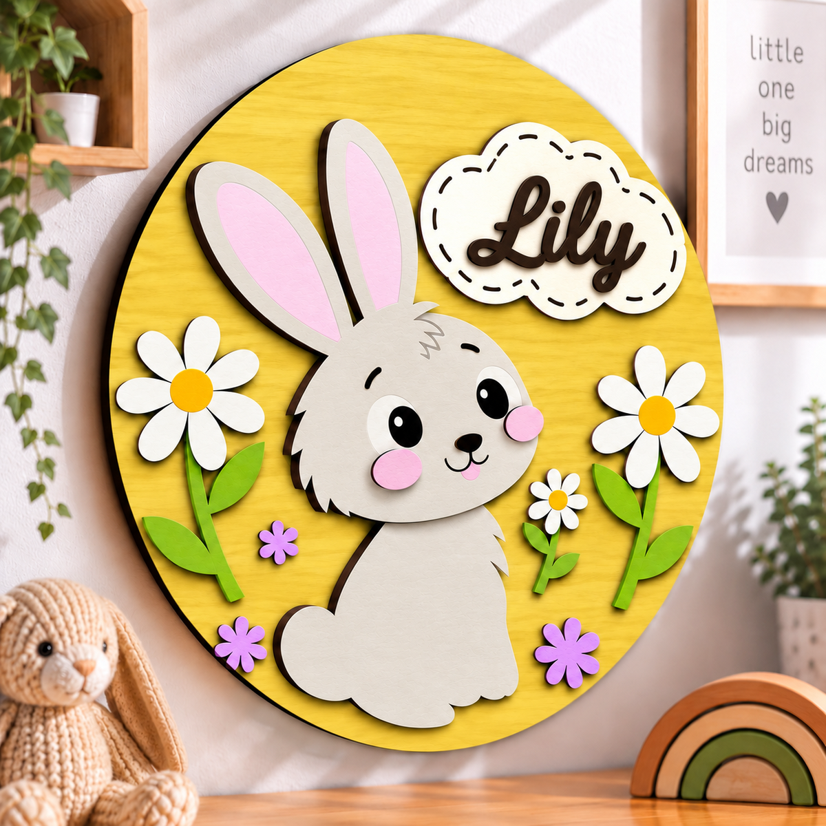 Personalised Wooden Bunny Name Sign Kids Nursery Bedroom Wall Decor
