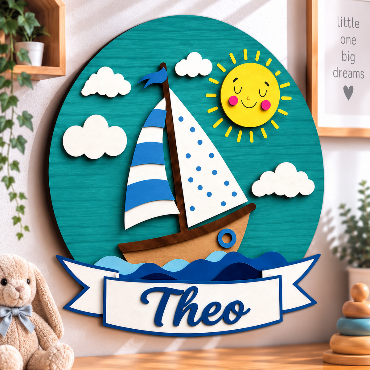 Personalised Wooden Sailboat Name Sign Kids Nursery Bedroom Wall Decor