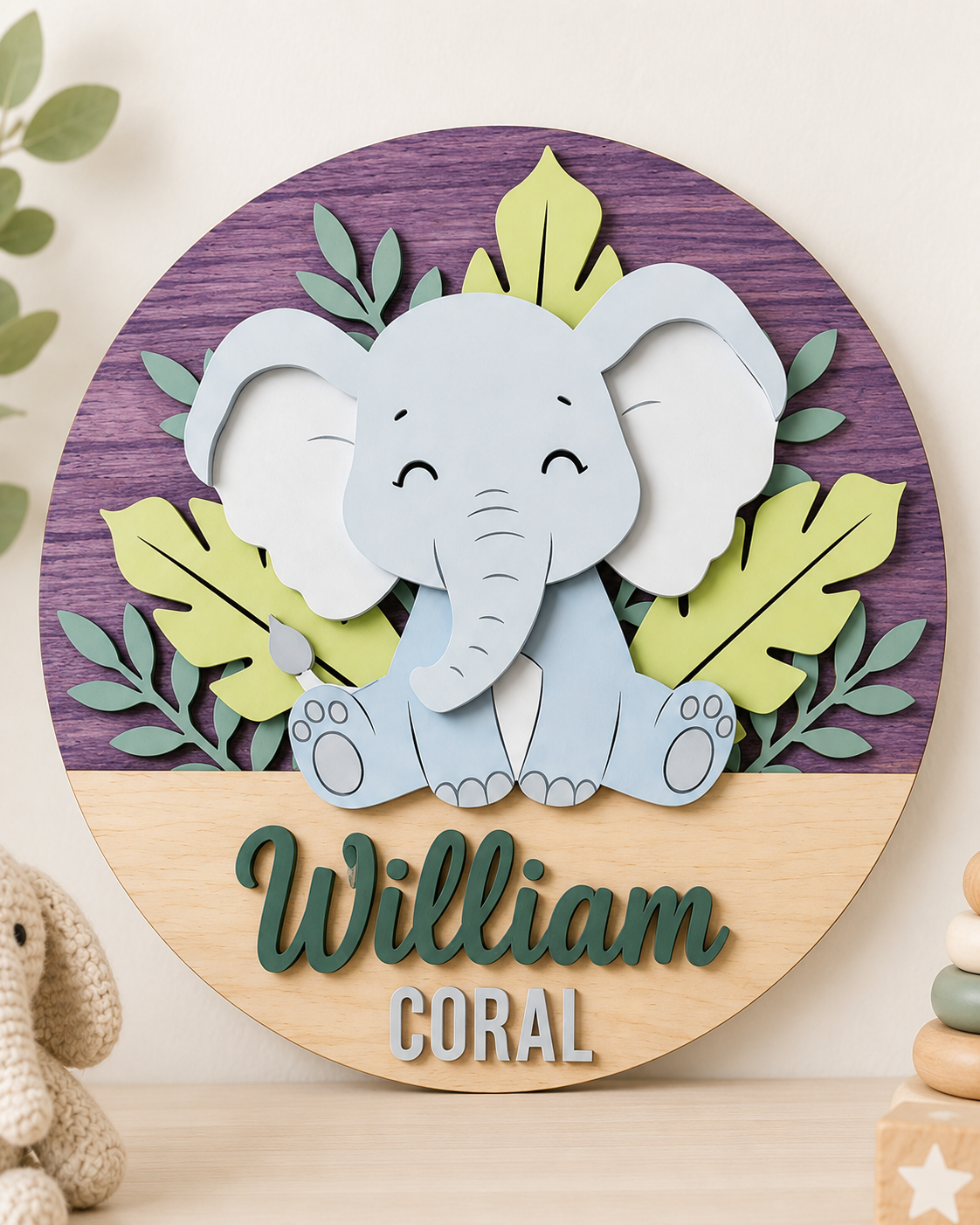 Personalised Wooden Elephant Name Sign Kids Nursery Bedroom Wall Decor
