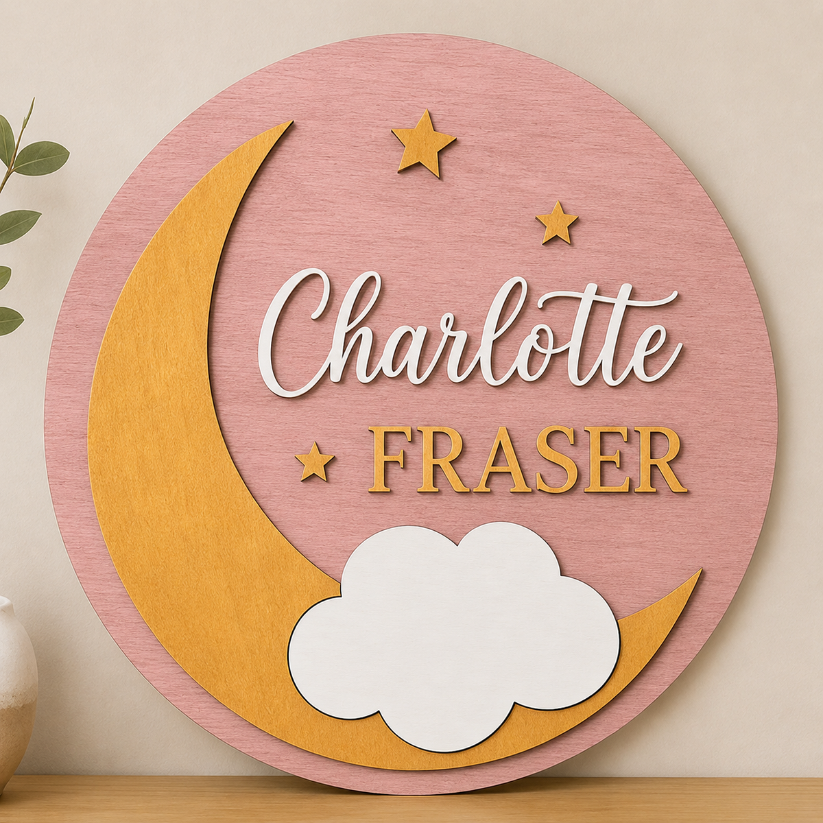 Personalised Moon Stars Wooden Name Sign Nursery Night Sky Wall Decor