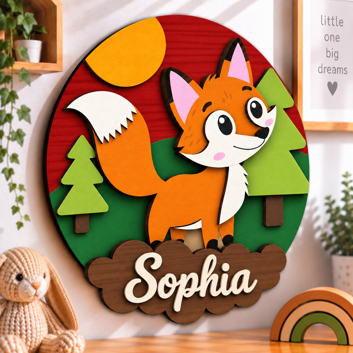 Personalised Wooden Fox Name Sign Kids Nursery Bedroom Wall Decor