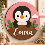 Personalised Wooden Penguin Name Sign Kids Nursery Bedroom Wall Decor