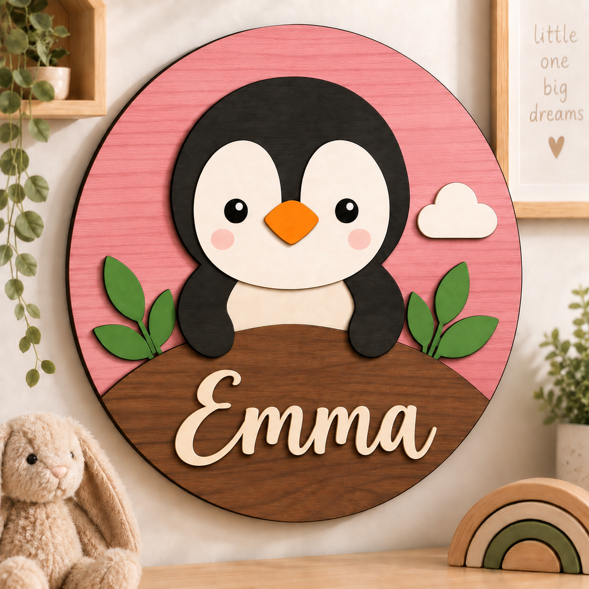 Personalised Wooden Penguin Name Sign Kids Nursery Bedroom Wall Decor