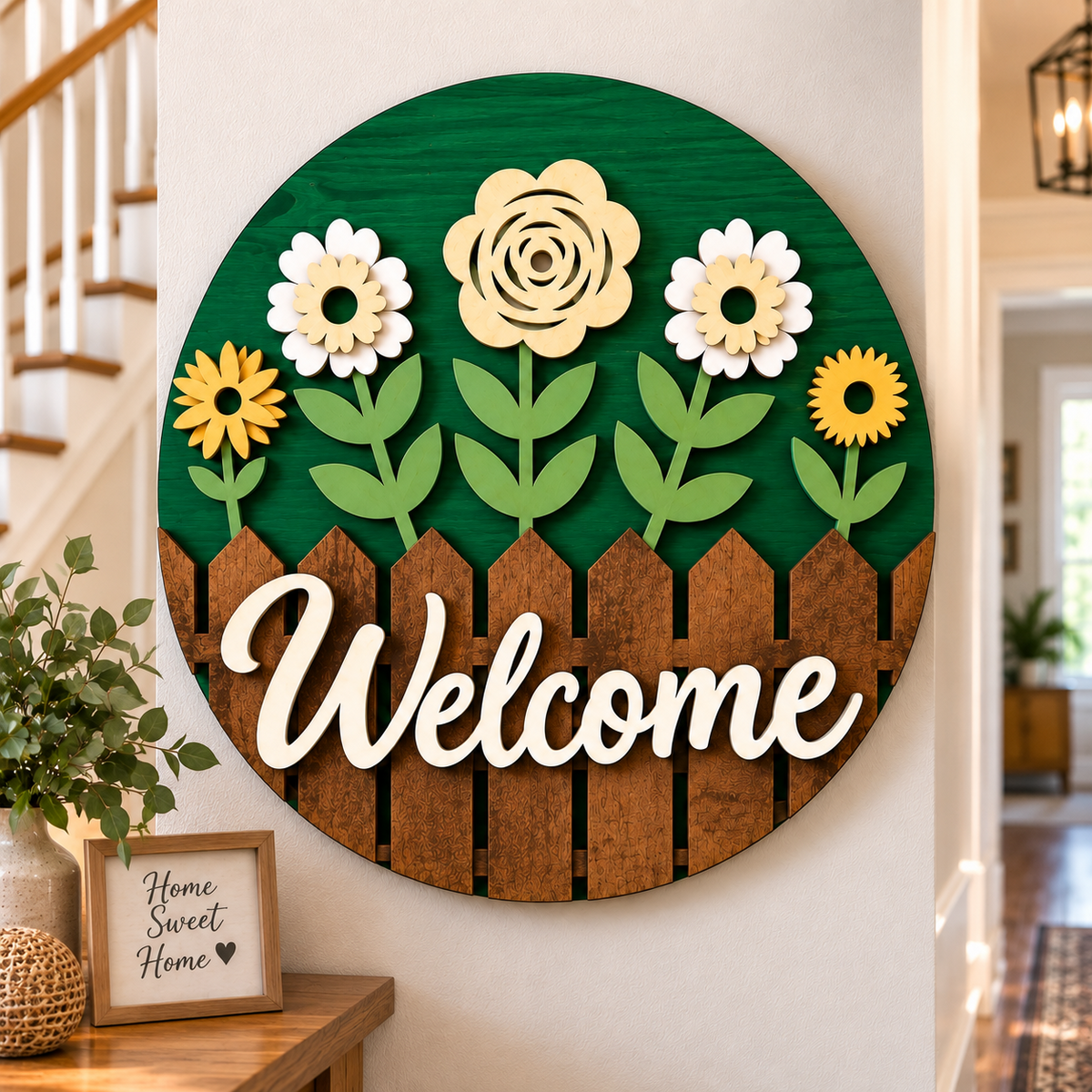 Personalised Floral Welcome Wooden Sign Front Door Home Wall Decor