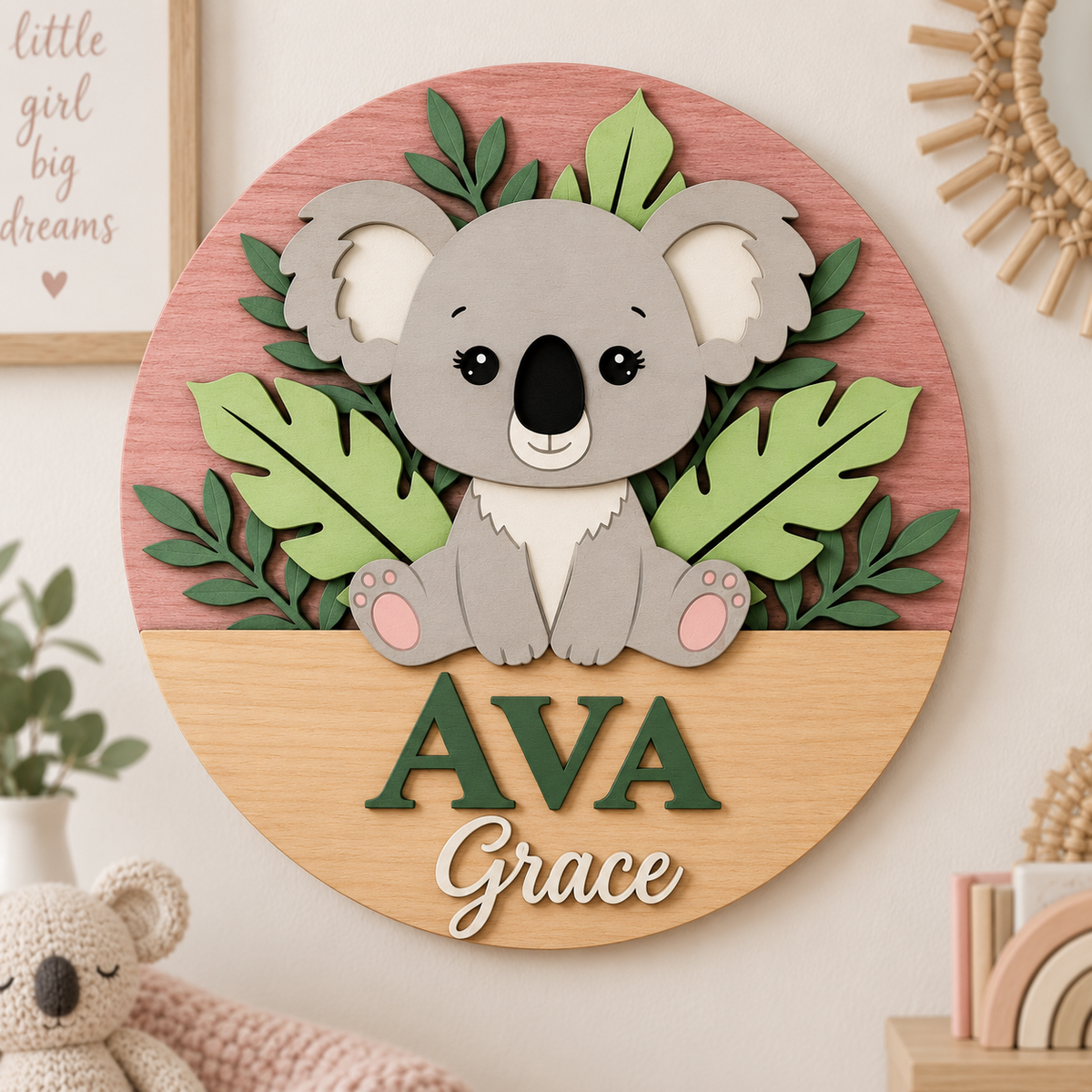 Personalised Wooden Koala Name Sign Kids Nursery Bedroom Wall Decor