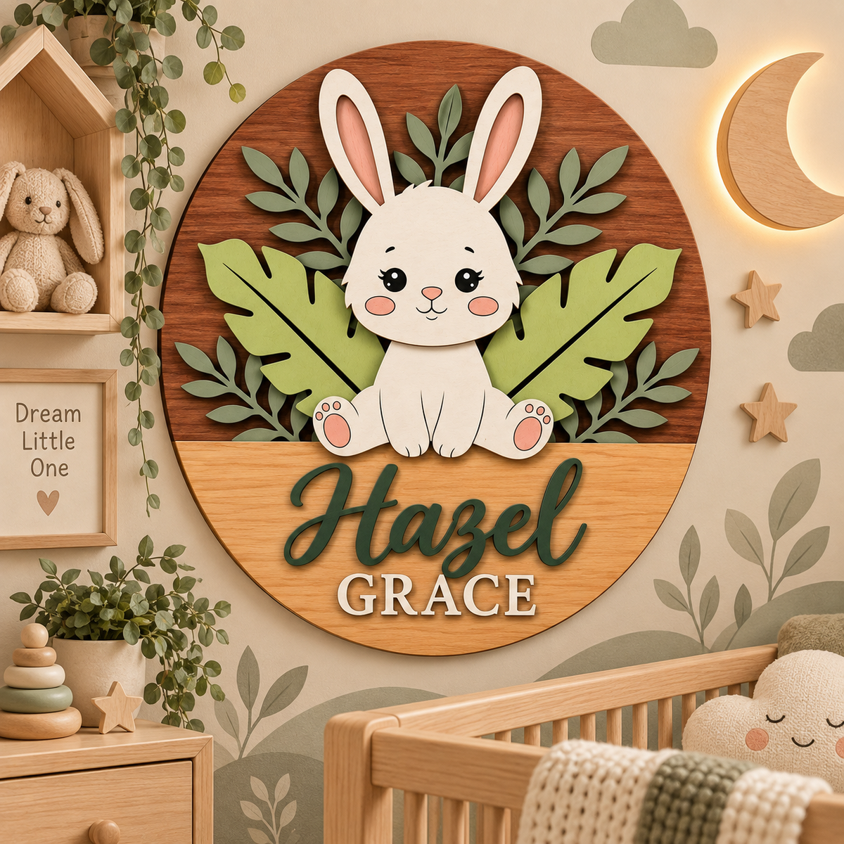 Personalised Wooden Bunny Name Sign Kids Nursery Bedroom Wall Decor