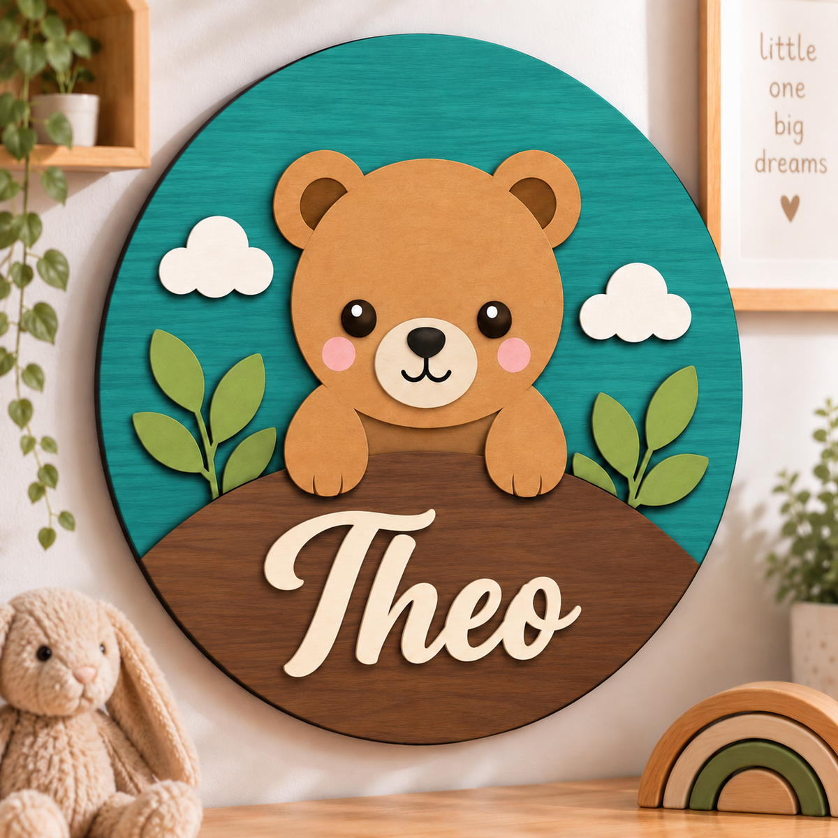 Personalised Wooden Bear Name Sign Kids Nursery Bedroom Wall Decor