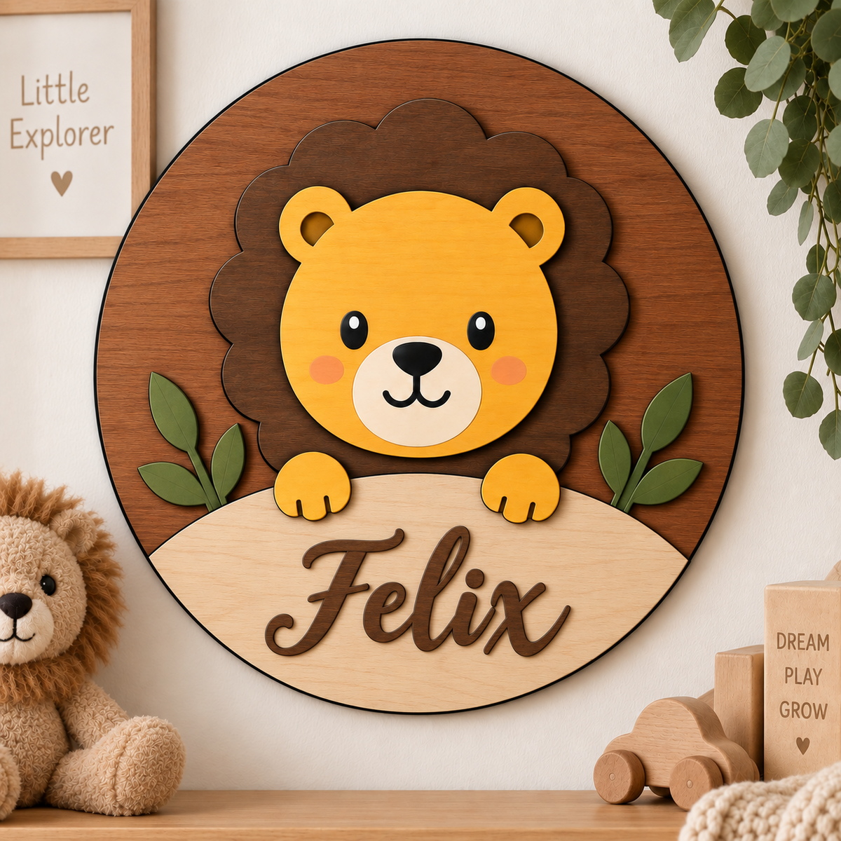 Personalised Wooden Lion Name Sign Kids Nursery Bedroom Wall Decor