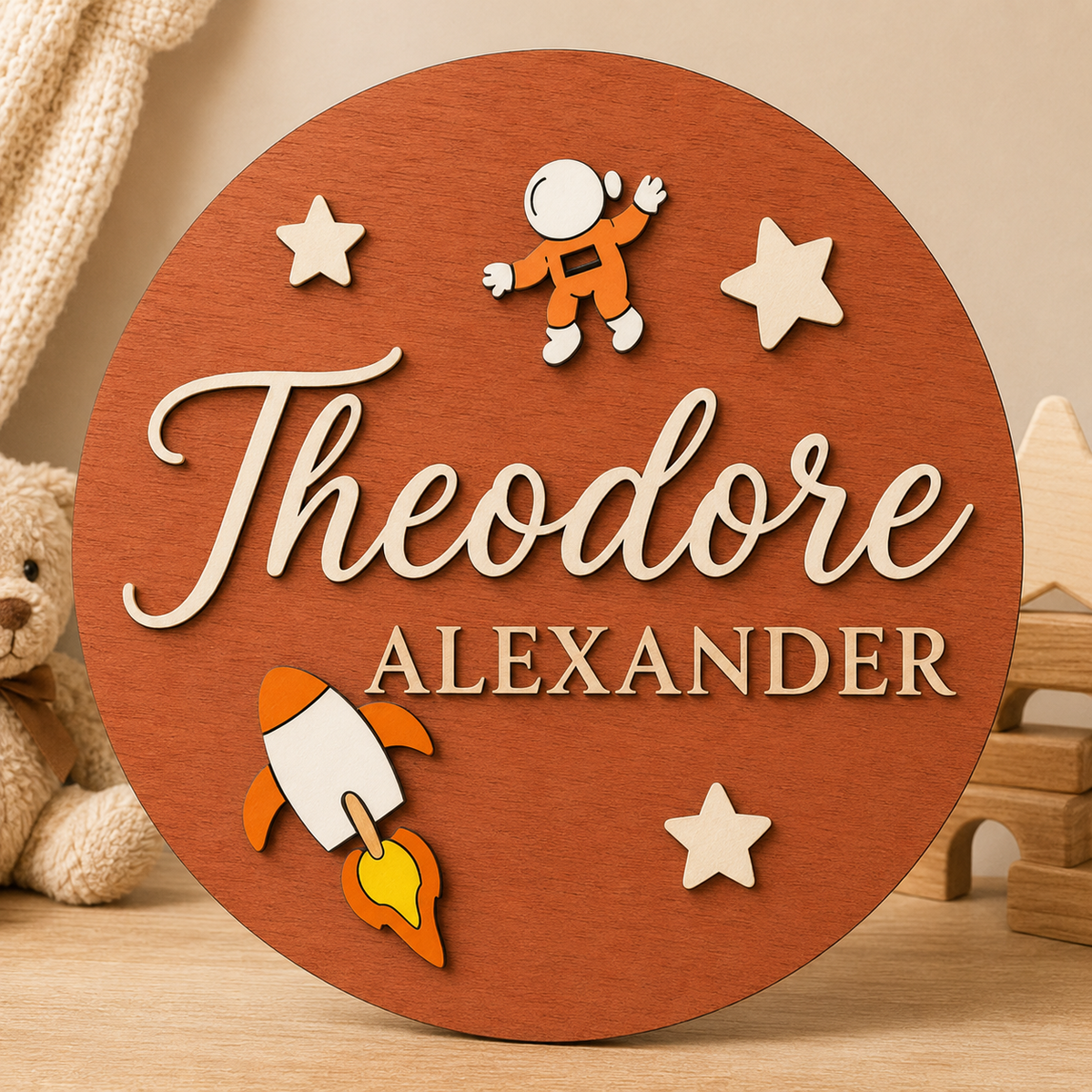 Personalised Rocket Wooden Name Sign Boys Nursery Wall Decor Custom Plaque