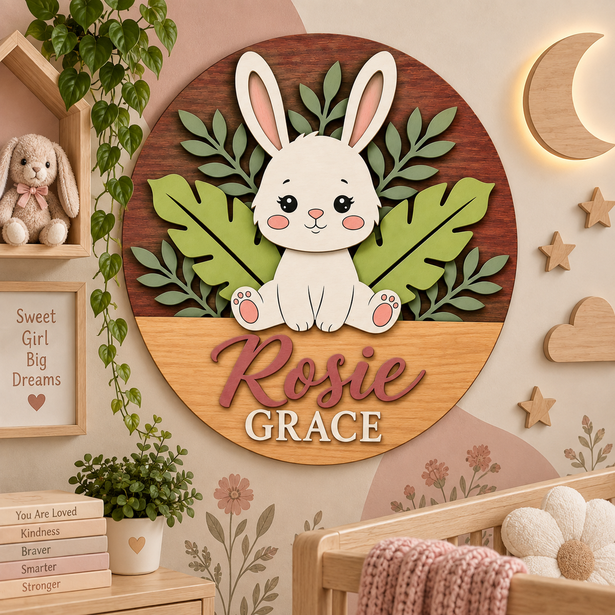 Personalised Wooden Bunny Name Sign Kids Nursery Bedroom Wall Decor