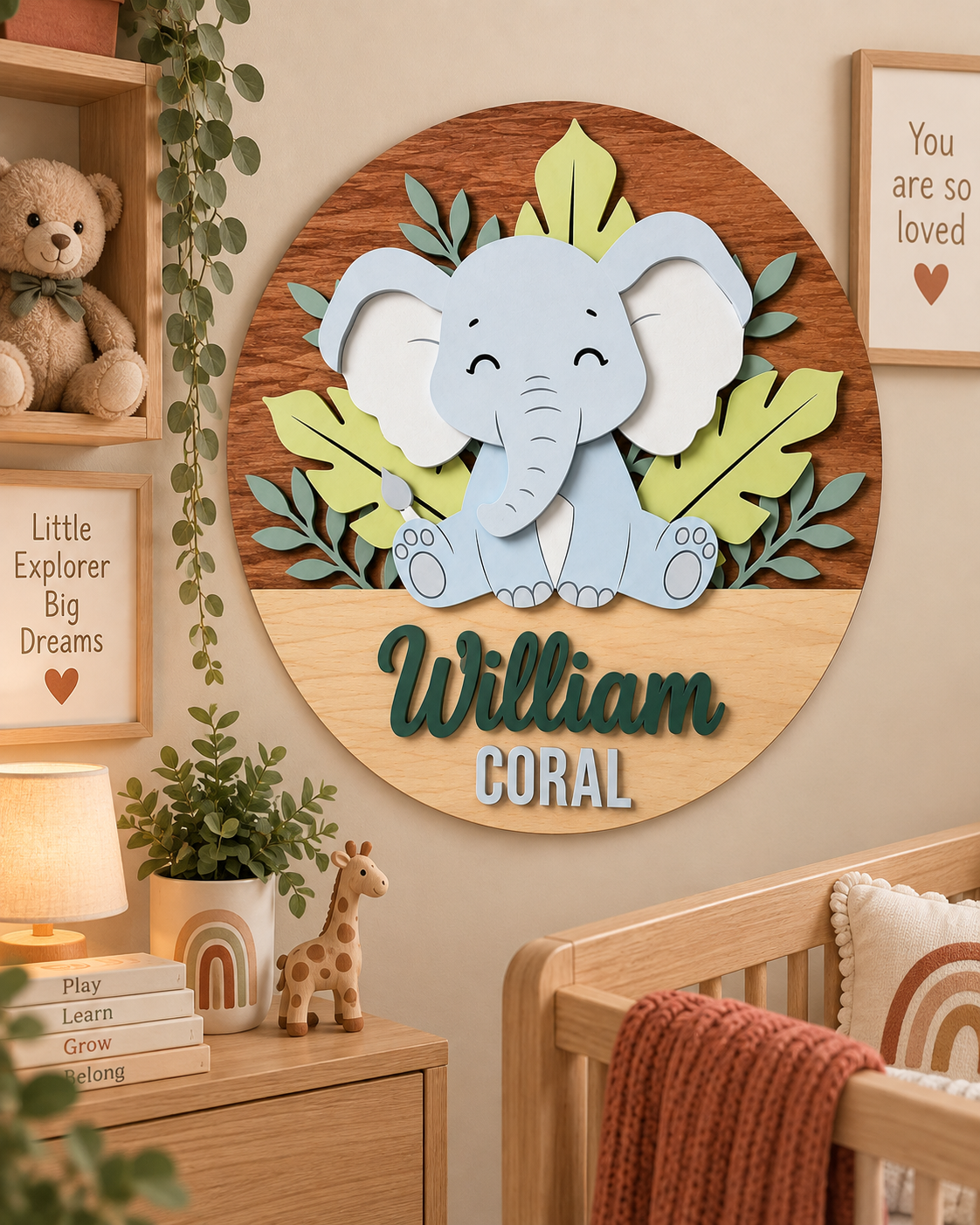 Personalised Wooden Elephant Name Sign Kids Nursery Bedroom Wall Decor