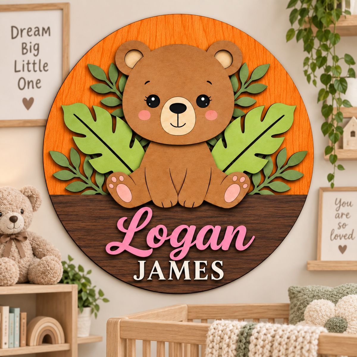 Personalised Wooden Bear Name Sign Kids Nursery Bedroom Wall Decor