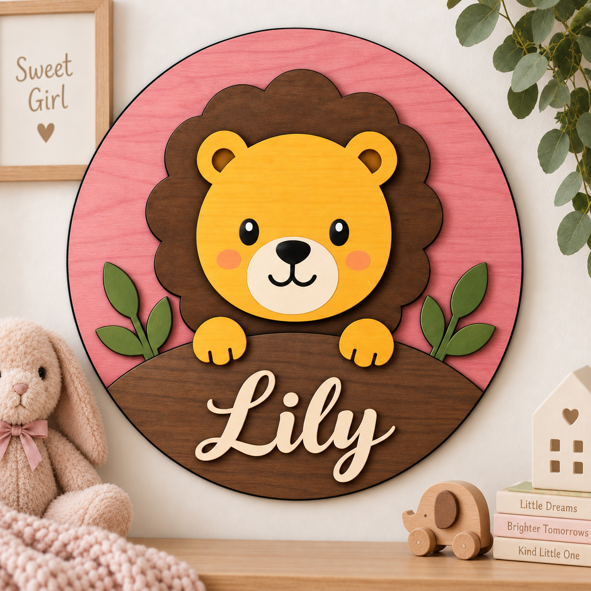 Personalised Wooden Lion Name Sign Kids Nursery Bedroom Wall Decor