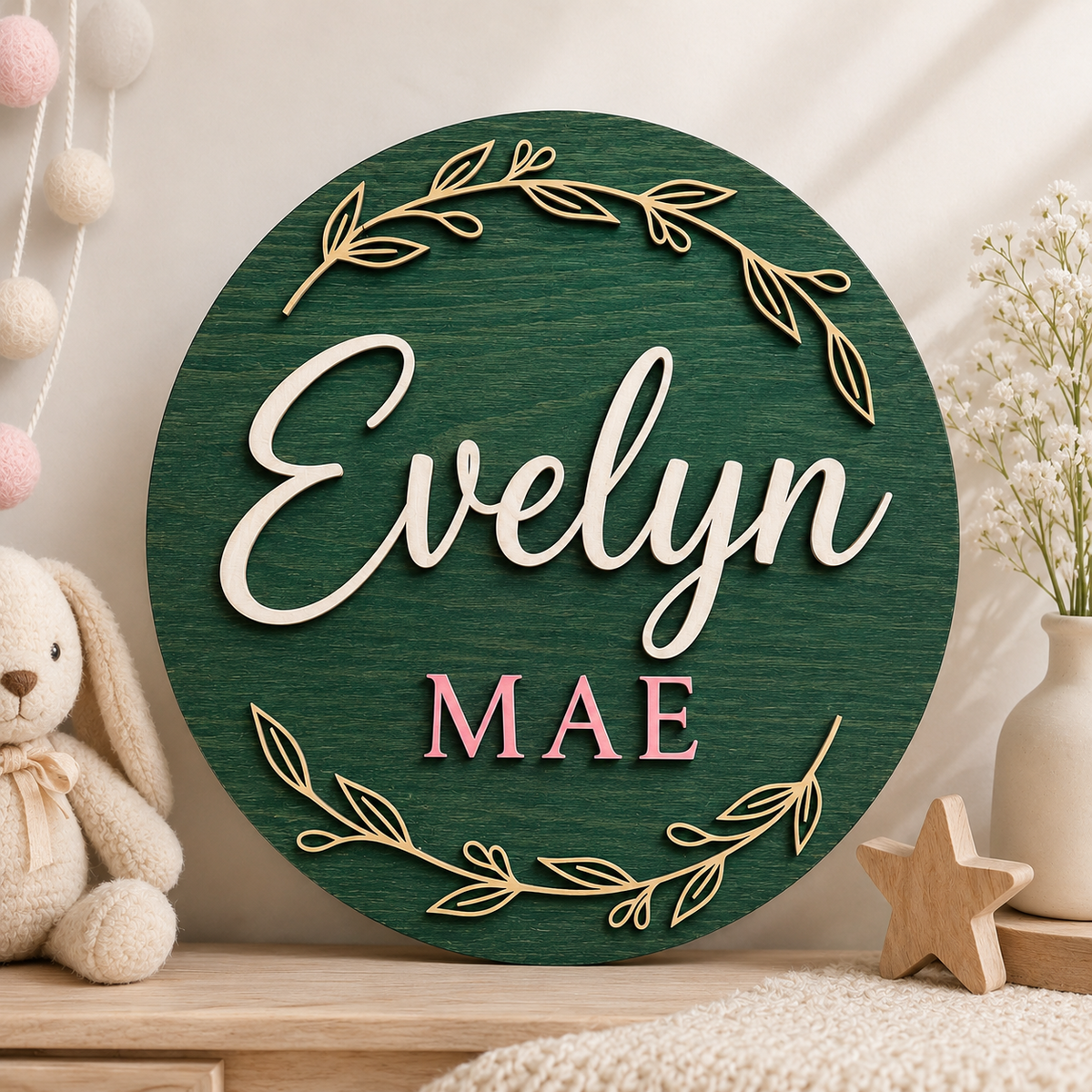 Custom 3D Wooden Name Sign Leaf Wreath Plaque Birch Plywood Botanical Decor