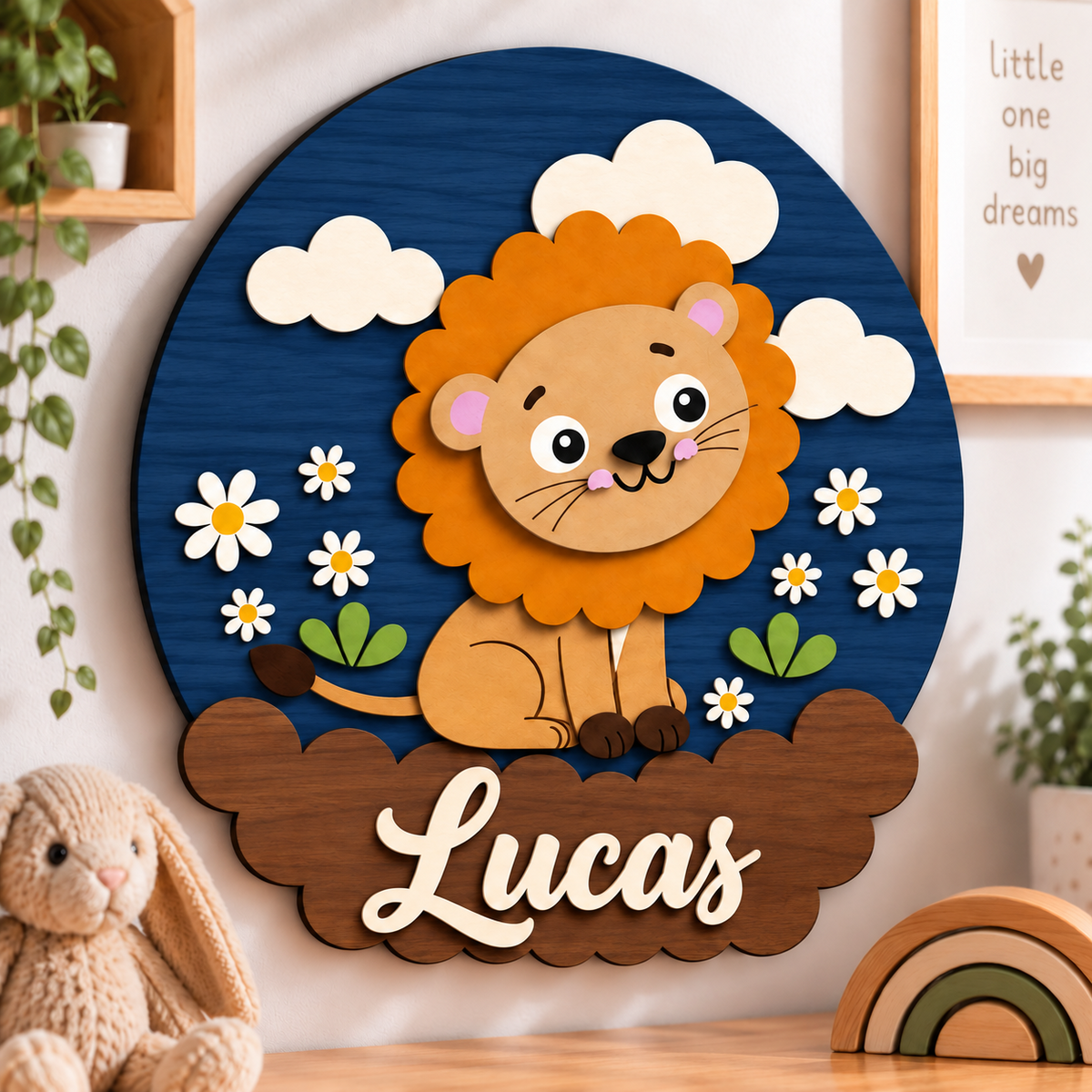 Personalised Wooden Lion Name Sign Kids Nursery Bedroom Wall Decor