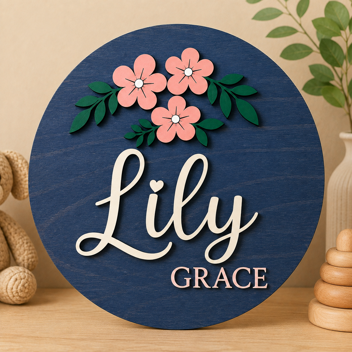 Personalised Floral Wooden Name Sign Girls Nursery Bedroom Wall Decor