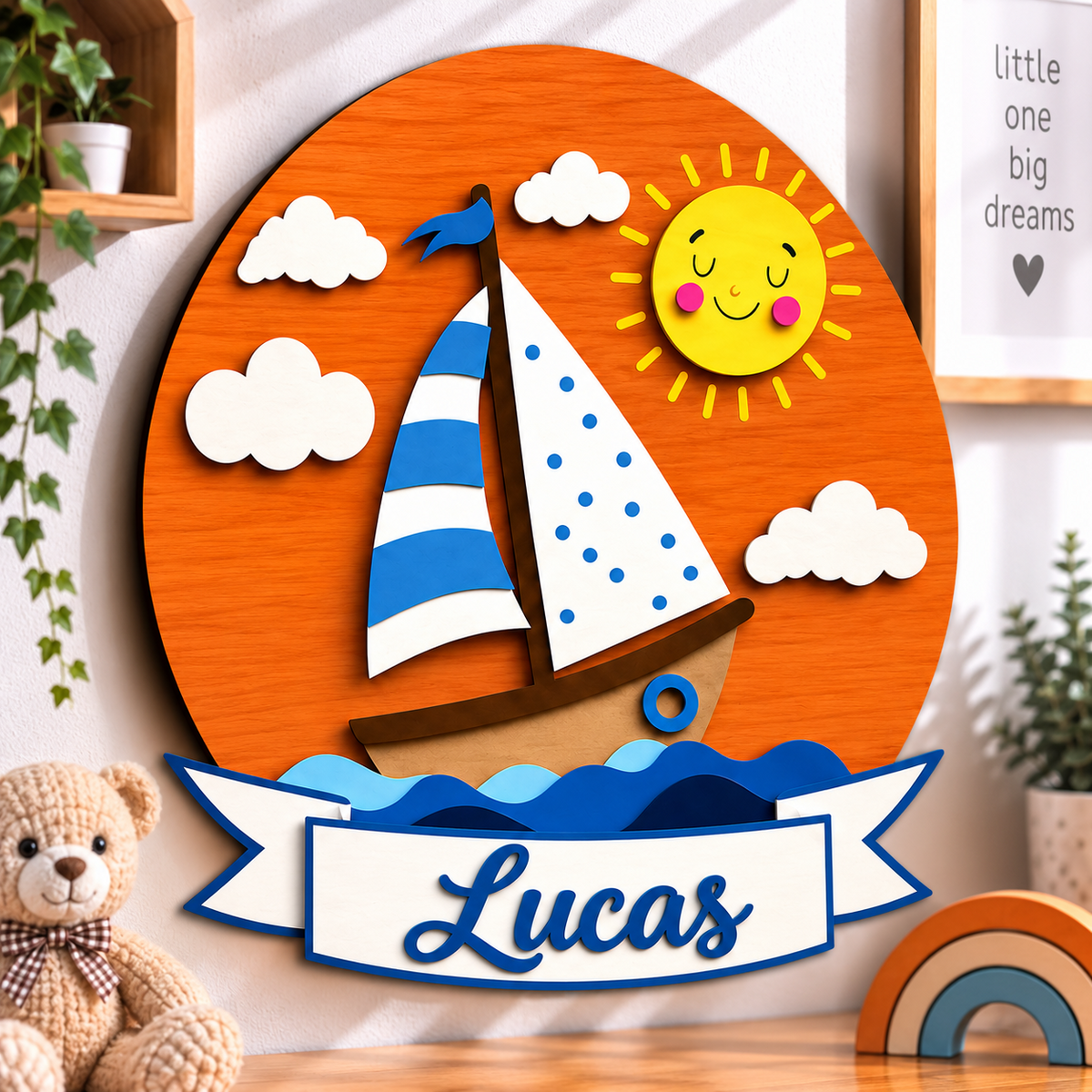 Personalised Wooden Sailboat Name Sign Kids Nursery Bedroom Wall Decor