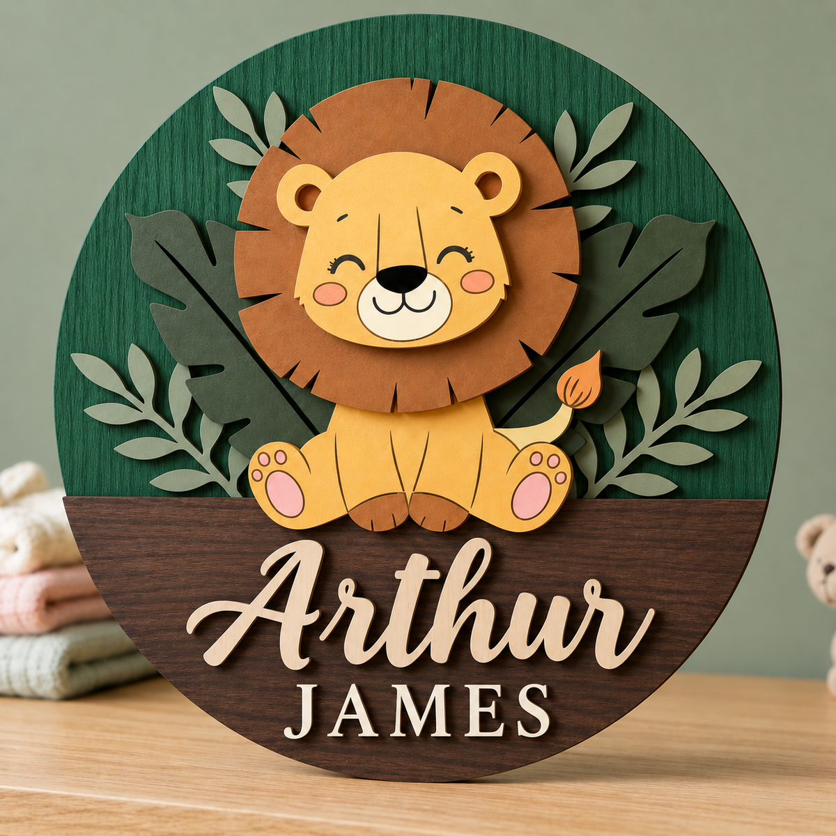Personalised Wooden Lion Name Sign Kids Nursery Bedroom Wall Decor