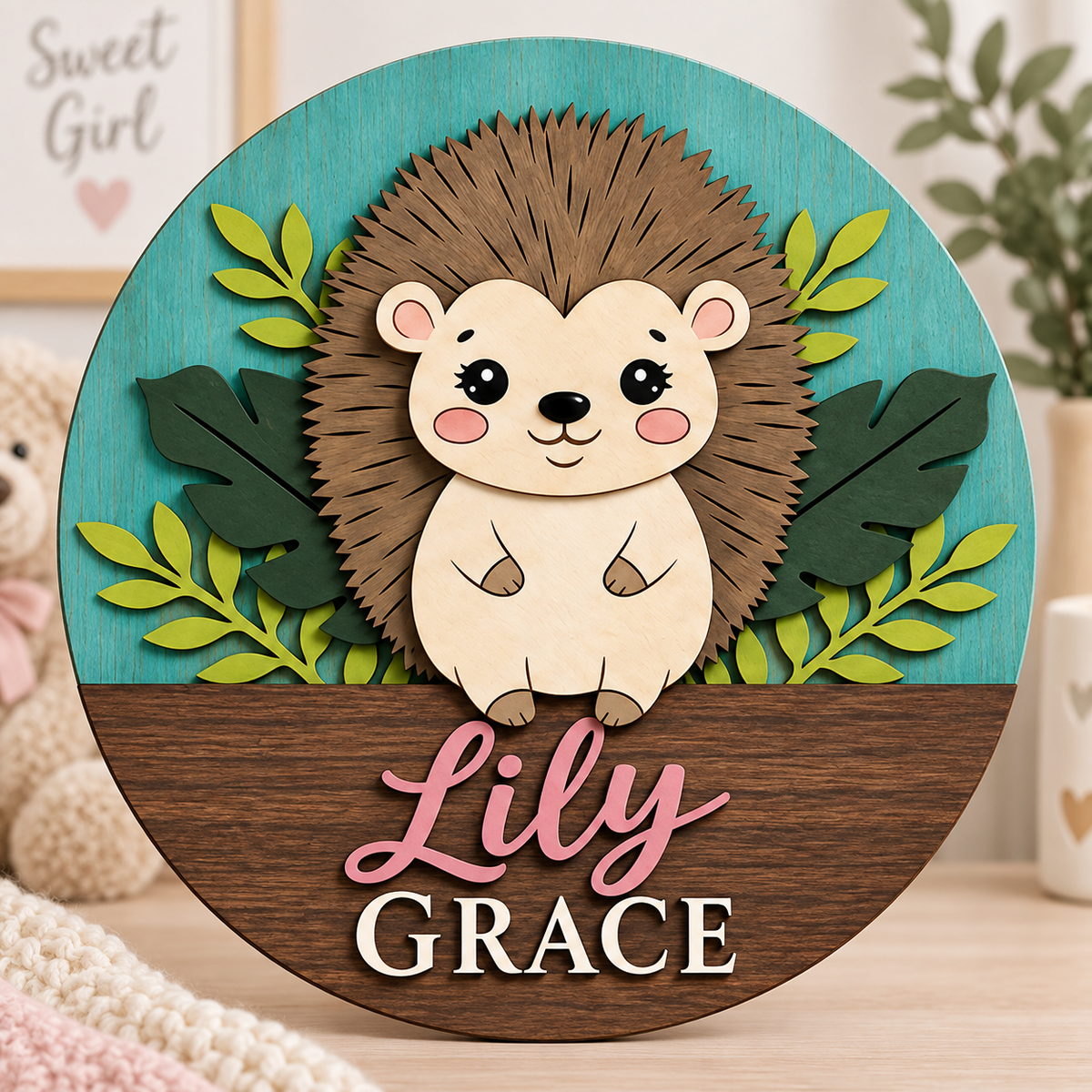 Personalised Wooden Hedgehog Name Sign Kids Nursery Bedroom Wall Decor