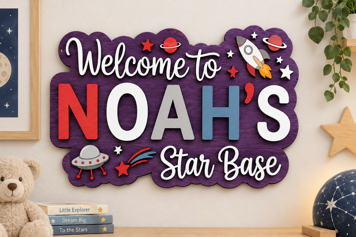 Personalised Space Name Sign Kids Nursery Bedroom Wall Decor Star Base