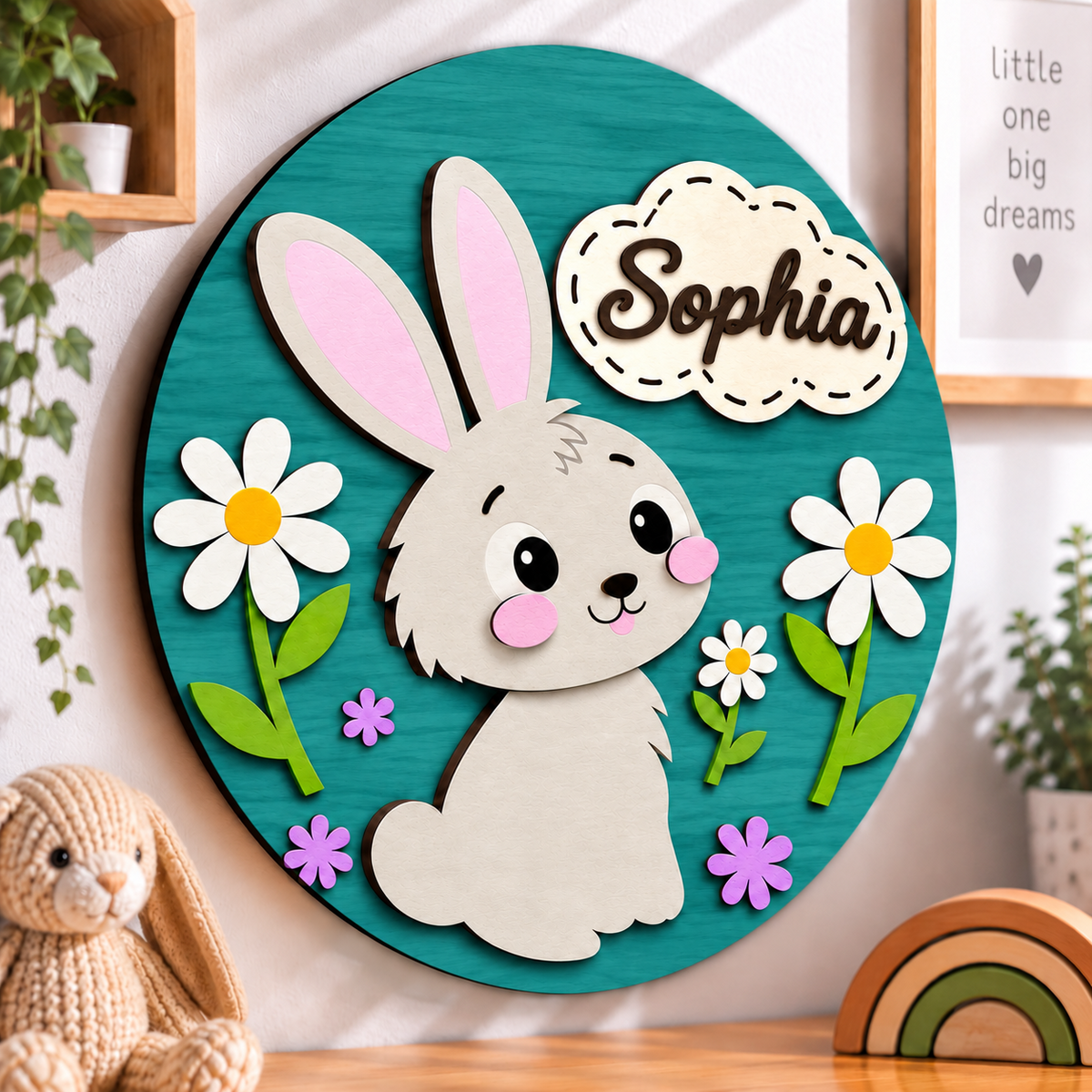 Personalised Wooden Bunny Name Sign Kids Nursery Bedroom Wall Decor