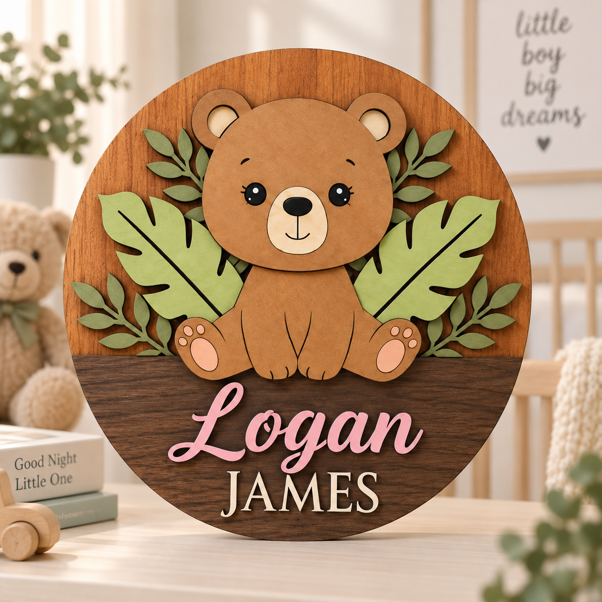 Personalised Wooden Bear Name Sign Kids Nursery Bedroom Wall Decor