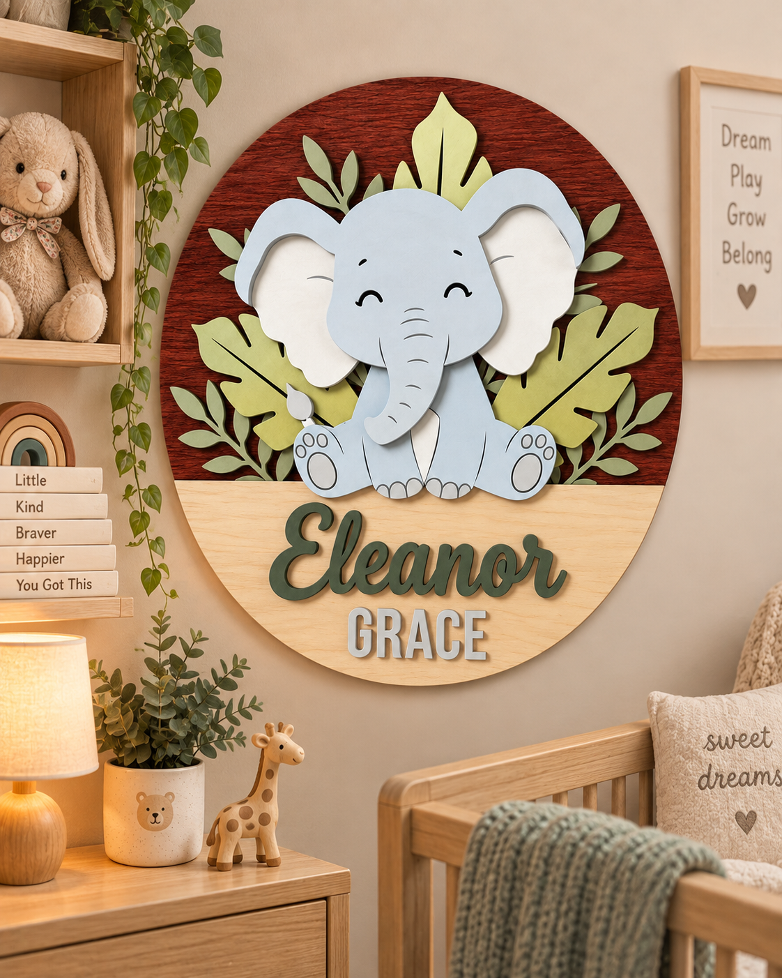 Personalised Wooden Elephant Name Sign Kids Nursery Bedroom Wall Decor