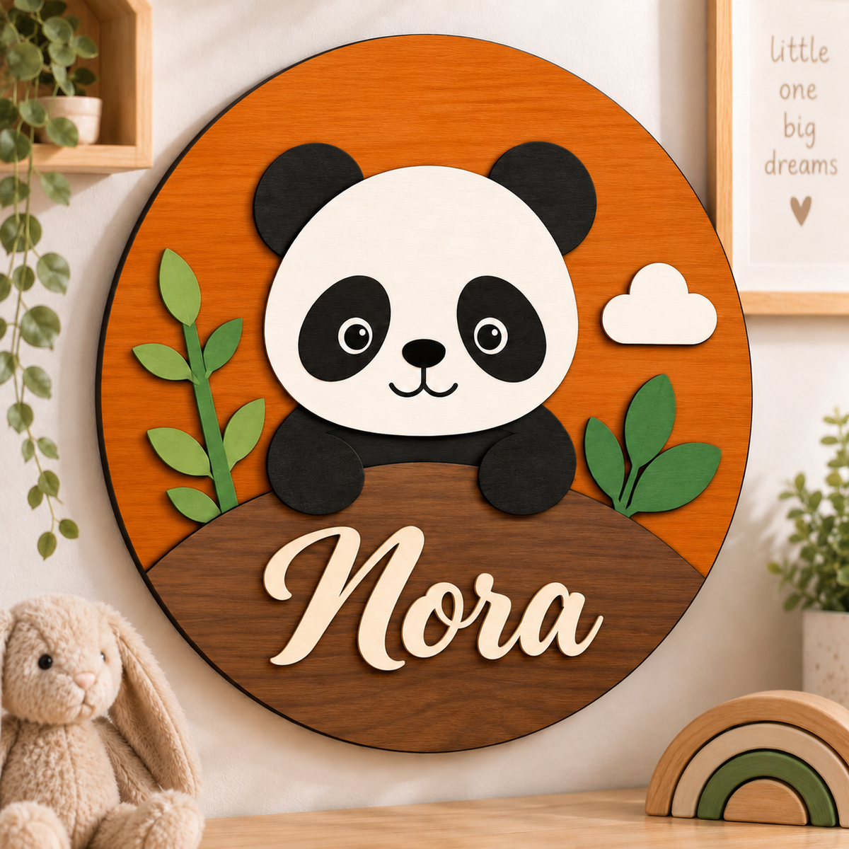 Personalised Wooden Panda Name Sign Kids Nursery Bedroom Wall Decor