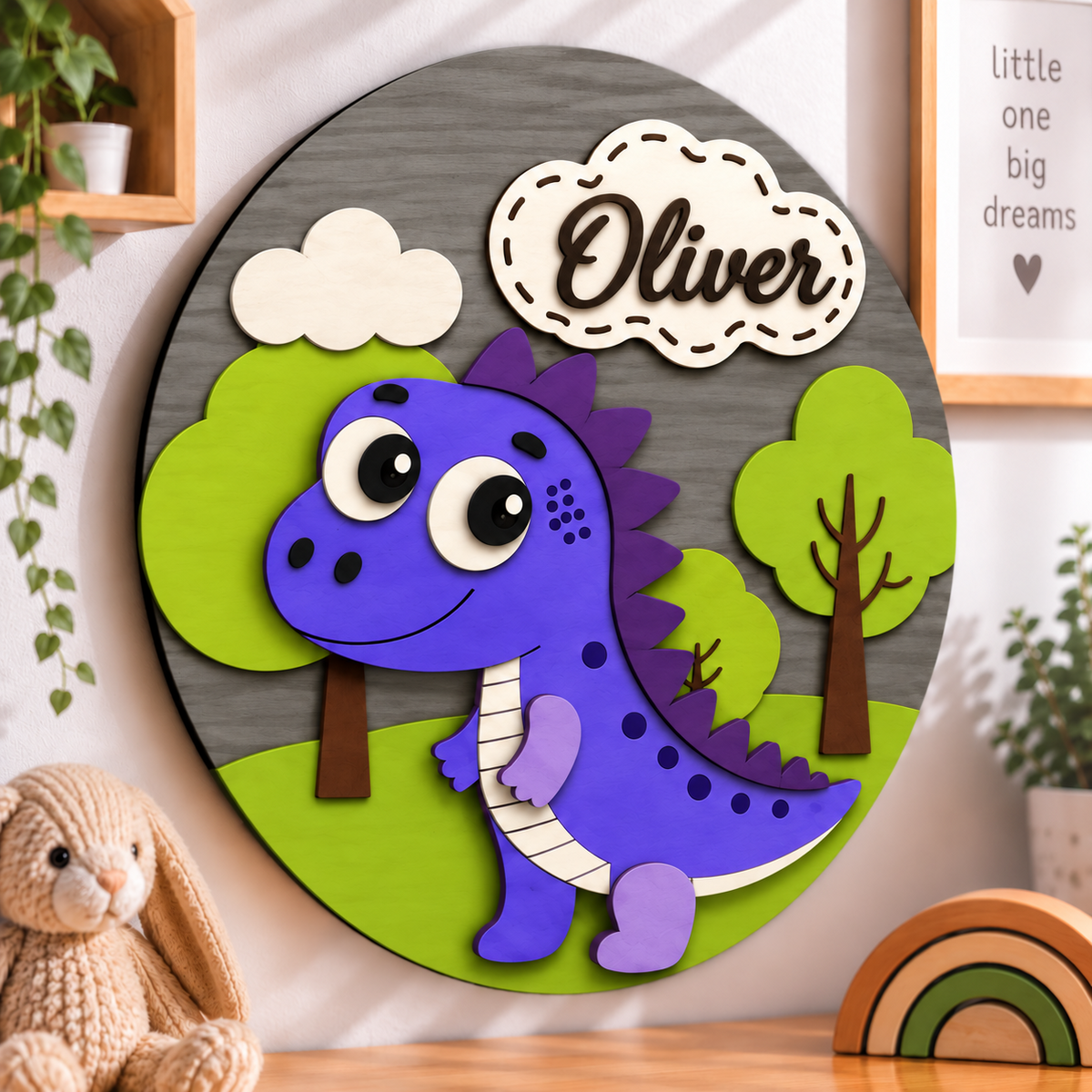 Personalised Wooden Dinosaur Name Sign Kids Nursery Bedroom Wall Decor