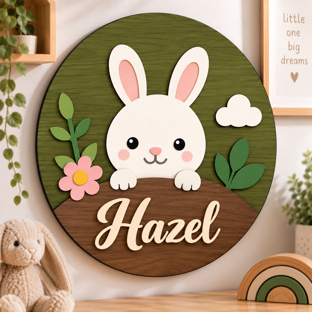 Personalised Wooden Bunny Name Sign Kids Nursery Bedroom Wall Decor