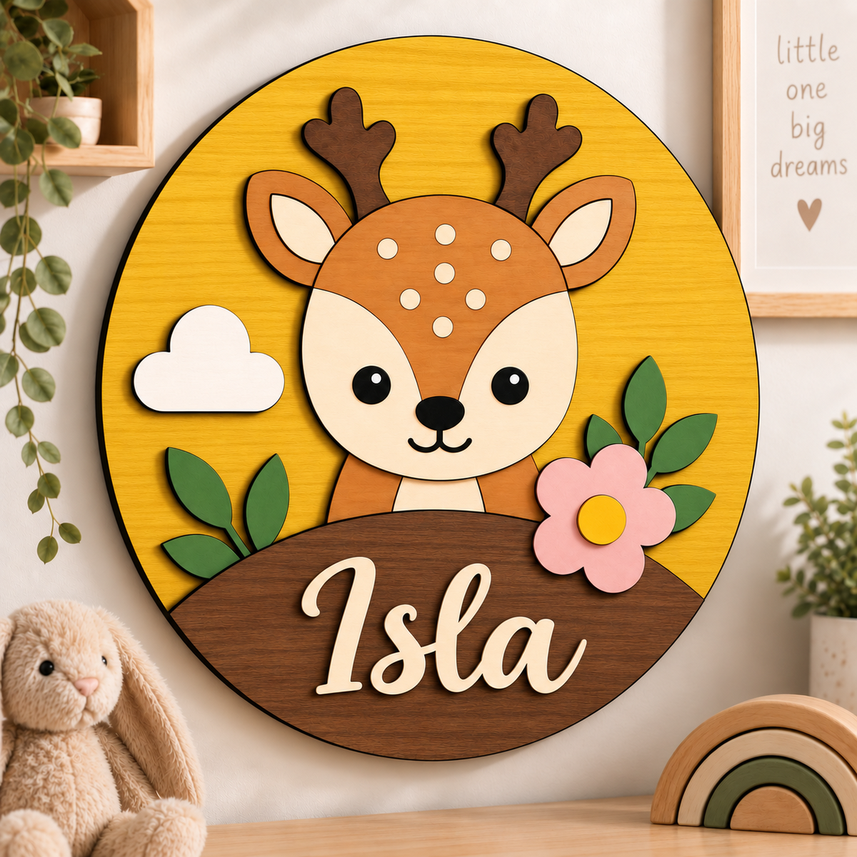 Personalised Wooden Deer Name Sign Kids Nursery Bedroom Wall Decor