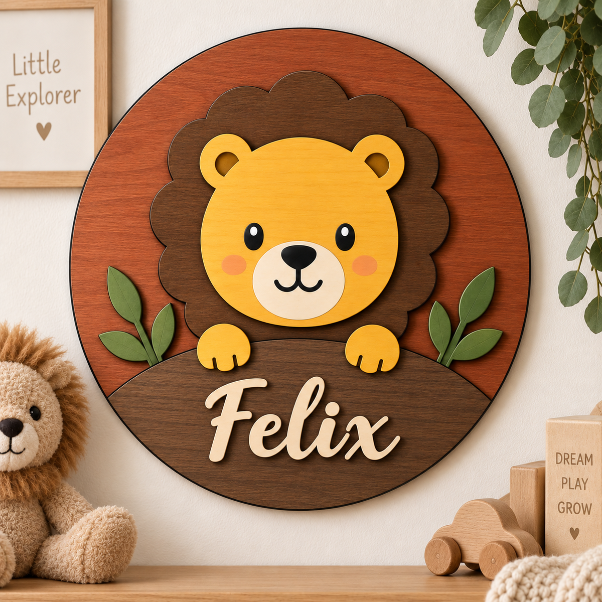 Personalised Wooden Lion Name Sign Kids Nursery Bedroom Wall Decor
