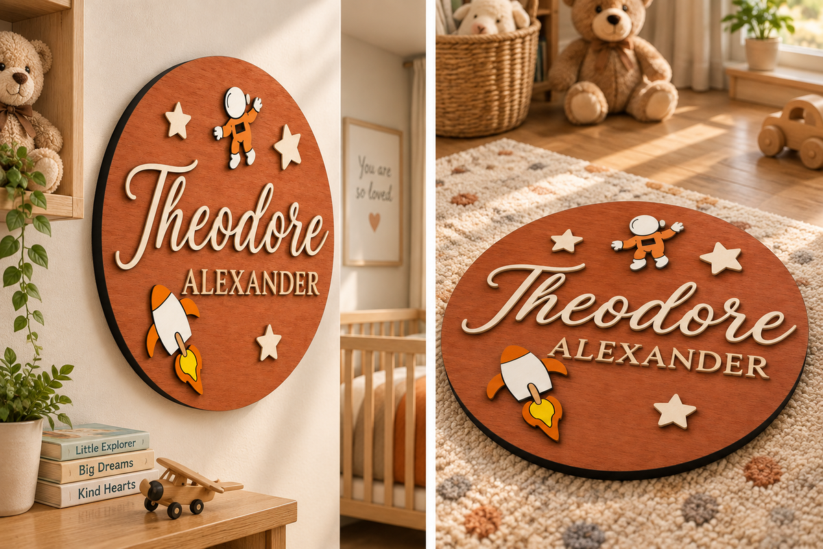Personalised Rocket Wooden Name Sign Boys Nursery Wall Decor Custom Plaque