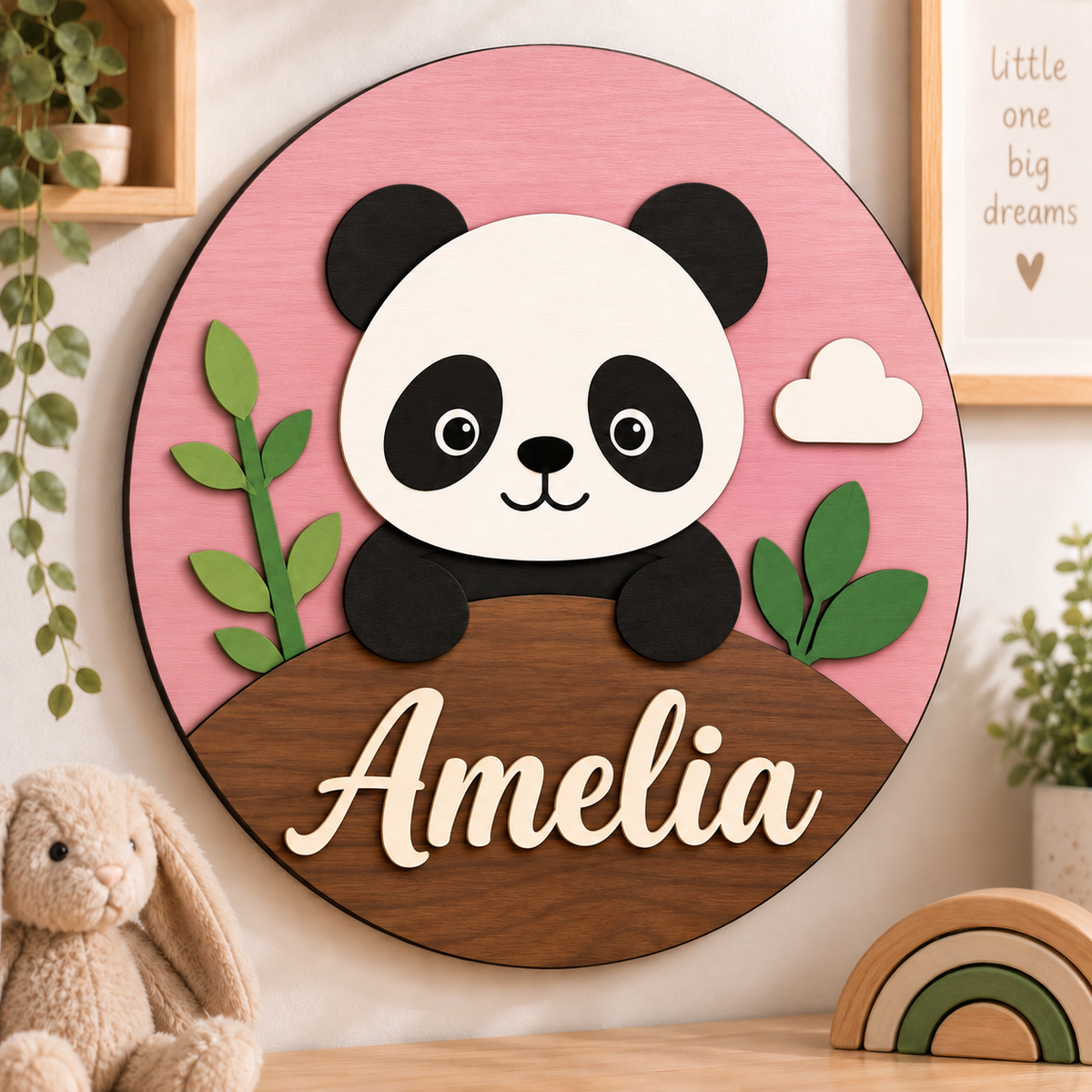 Personalised Wooden Panda Name Sign Kids Nursery Bedroom Wall Decor