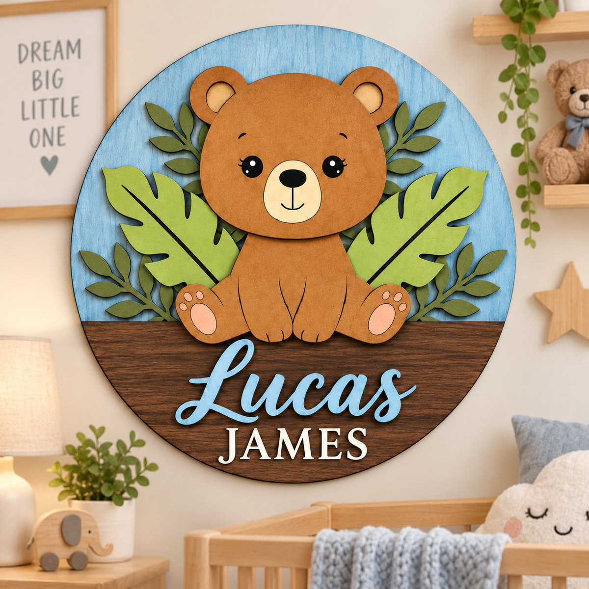 Personalised Wooden Bear Name Sign Kids Nursery Bedroom Wall Decor
