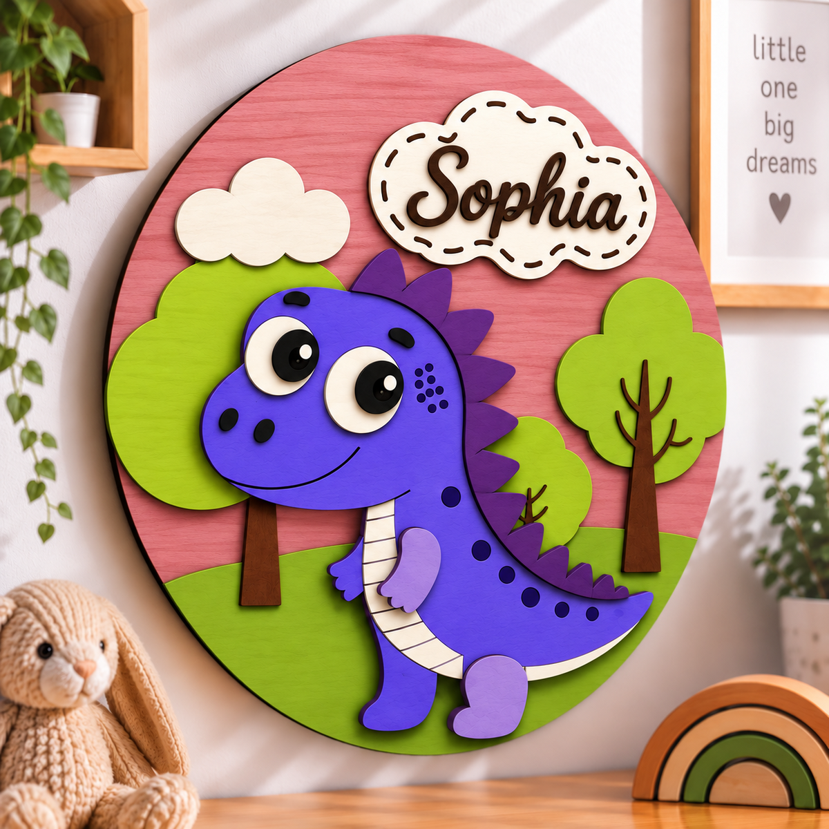 Personalised Wooden Dinosaur Name Sign Kids Nursery Bedroom Wall Decor