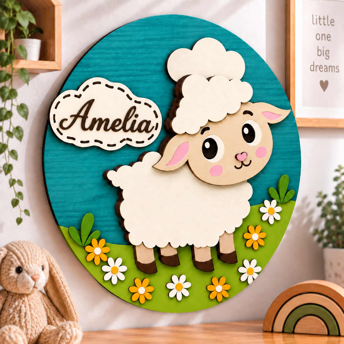 Personalised Wooden Sheep Name Sign Kids Nursery Bedroom Wall Decor
