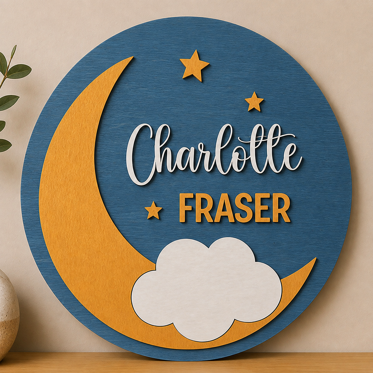 Personalised Moon Stars Wooden Name Sign Nursery Night Sky Wall Decor