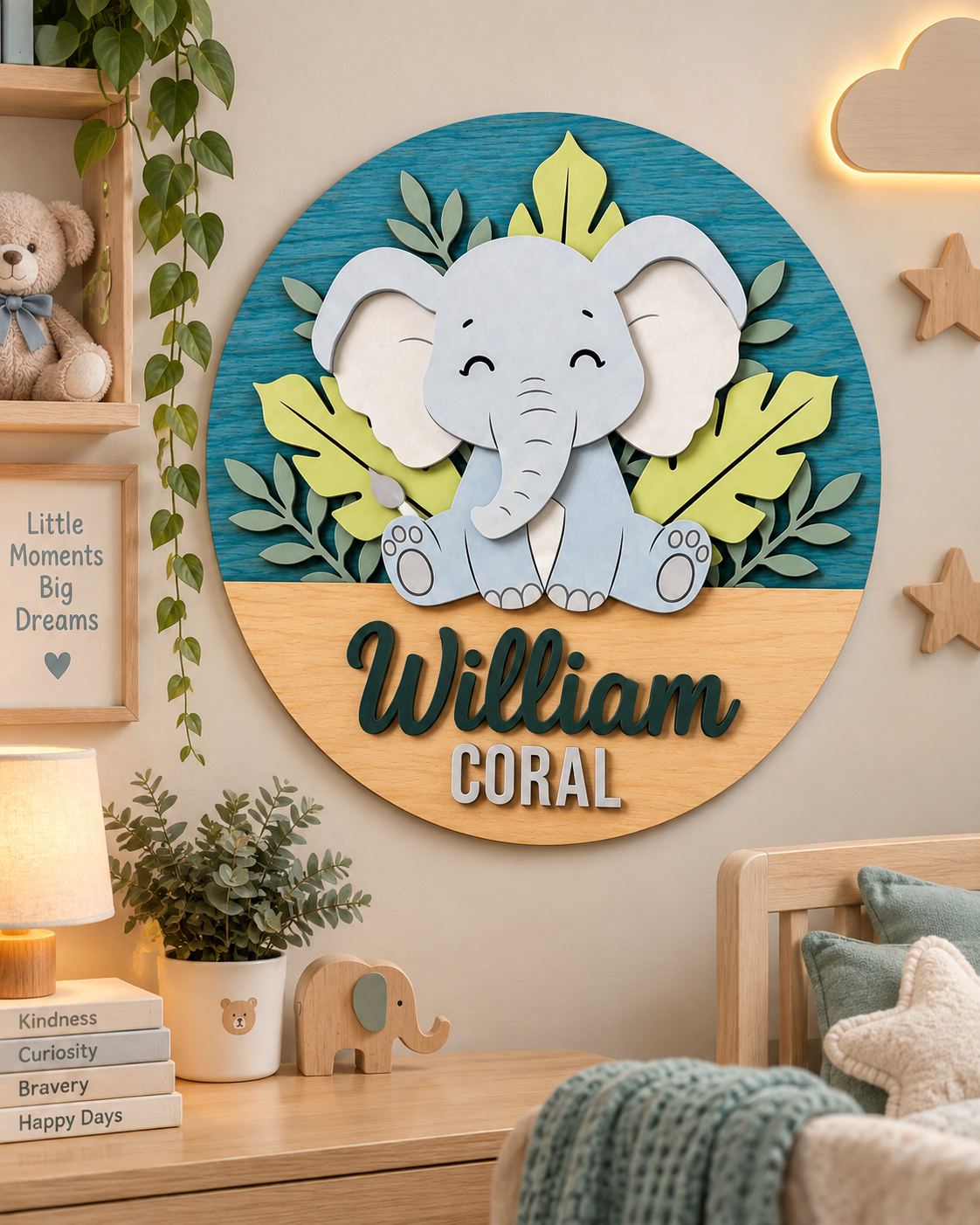 Personalised Wooden Elephant Name Sign Kids Nursery Bedroom Wall Decor