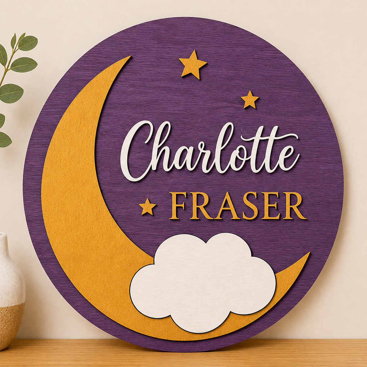 Personalised Moon Stars Wooden Name Sign Nursery Night Sky Wall Decor
