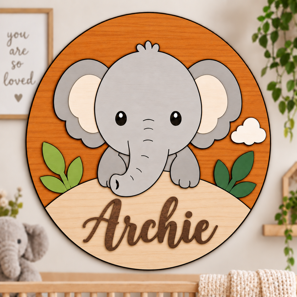 Personalised Wooden Elephant Name Sign Kids Nursery Bedroom Wall Decor