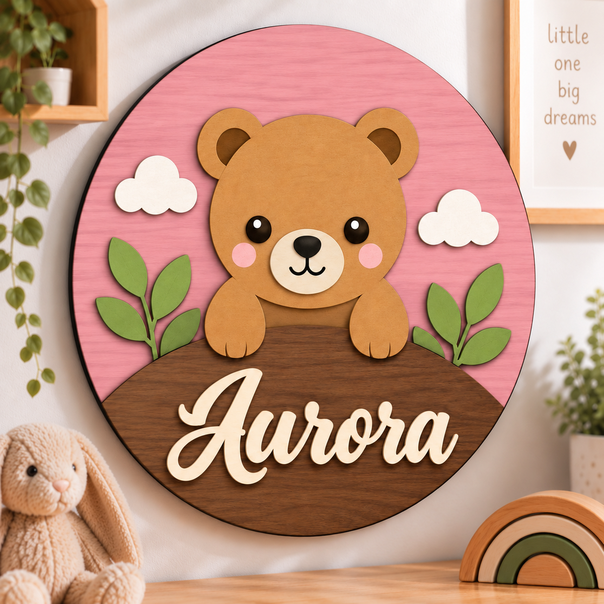 Personalised Wooden Bear Name Sign Kids Nursery Bedroom Wall Decor