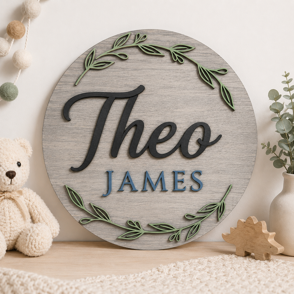Custom 3D Wooden Name Sign Leaf Wreath Plaque Birch Plywood Botanical Decor