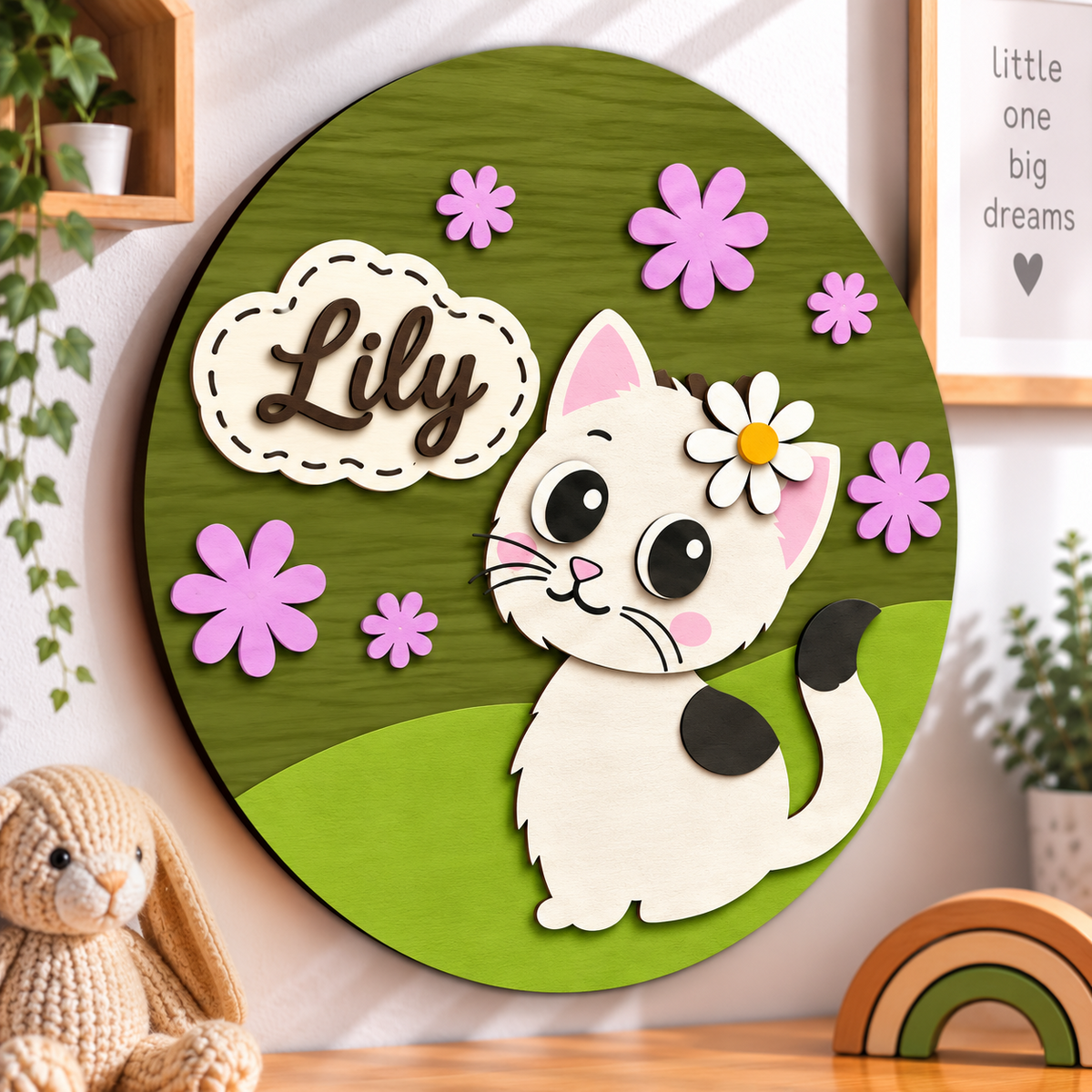 Personalised Wooden Cat Name Sign Kids Nursery Bedroom Wall Decor