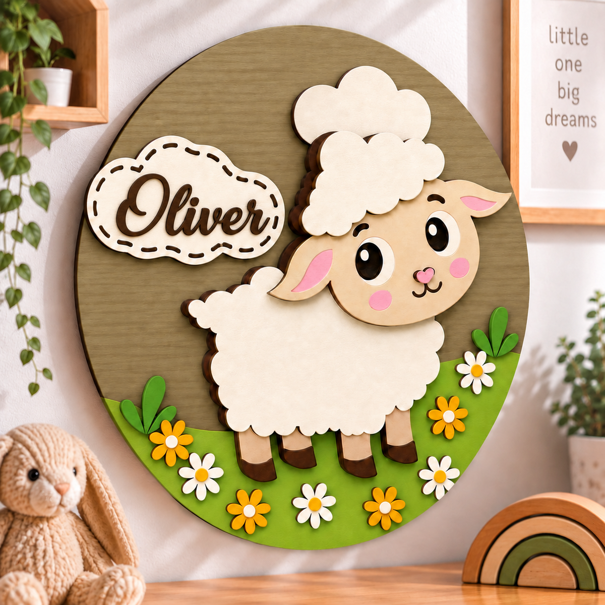 Personalised Wooden Sheep Name Sign Kids Nursery Bedroom Wall Decor